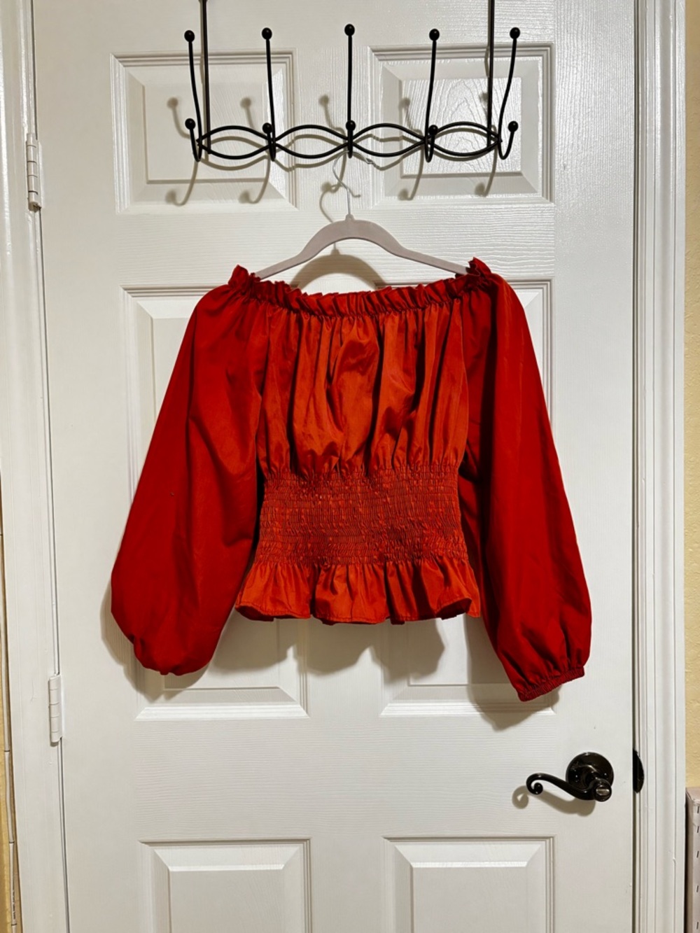 Red Off-Shoulder Smocked Waist Peasant Top